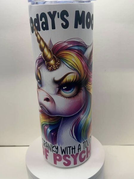 Cranky unicorn “Today’s Mood” tumbler